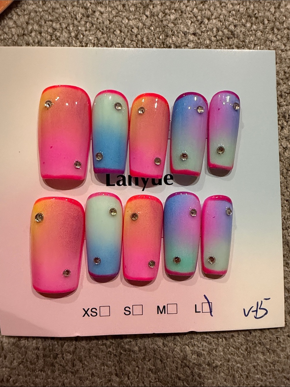 Neon Rainbow Ombre handmade acrylic Press-On Nails with Rhinestones